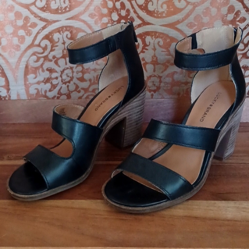 Black leather ankle strap heels